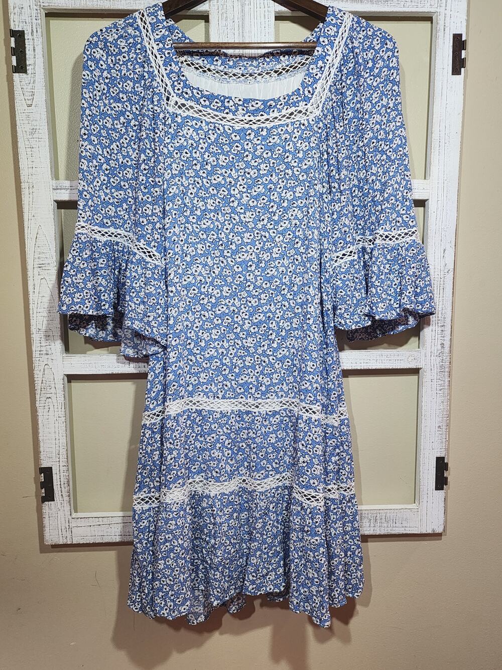 Scoop Blue Floral Bell Sleeve Boho Dress Women's Size Small